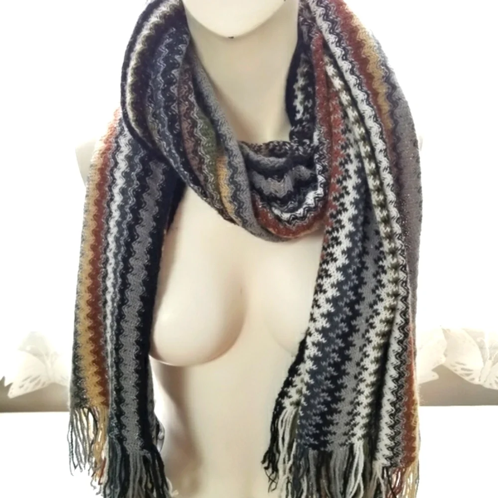 Chevron Knit earth tones Brown/Beige/Green and metallic Soft Scarf.